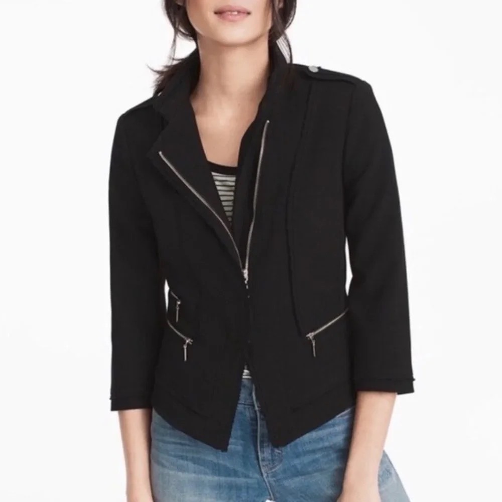 White House Black Market Black Moto Military Jacket Raw Edge Fringe Size 14